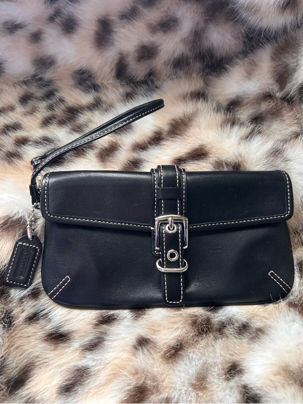 Coach Soho Black Leather Wristlet with Silver Buckle